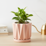 Maceta geometrica rosada 12cm patron 3D relieve ceramica mate premium