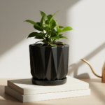 Maceta geometrica negra 12cm patron 3D relieve ceramica mate premium elegante