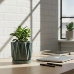 Maceta geometrica gris 12cm con suculenta verde decoracion escandinava moderna